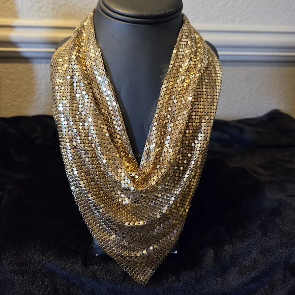 Vintage 1970's Whiting & Davis Gold Mesh Bib Scarf Necklace - Picture 1 of 8